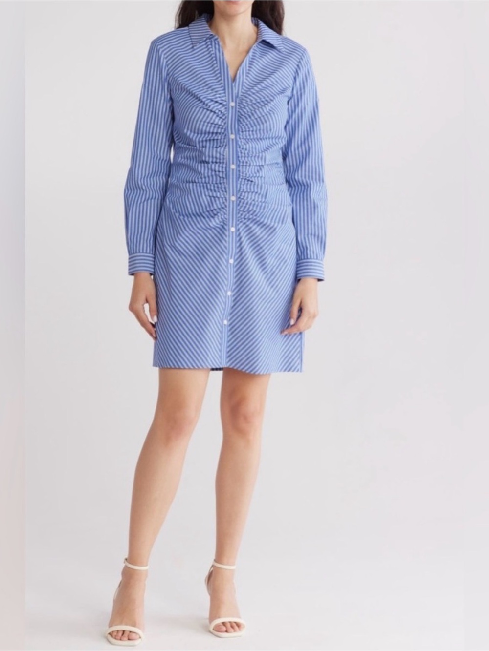 Eliza J Blue Pinstripe Ruched Long Sleeve Button Dress Size 8